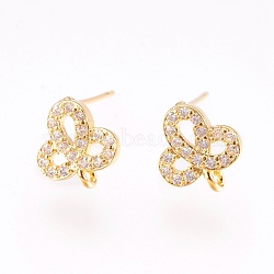 Brass Micro Pave Cubic Zirconia Stud Earring Findings, with Loop, Lead Free & Cadmium Free, Flower, Clear, Golden, 10x9x2mm, Hole: 0.8mm, Pin:0.6mm(KK-F753-03G-RS)