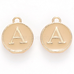 Golden Plated Alloy Enamel Charms, Cadmium Free & Lead Free, Enamelled Sequins, Flat Round with Letter, Wheat, Letter.A, 14x12x2mm, Hole: 1.5mm(ENAM-S118-06A)