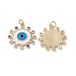 Brass Colorful Cubic Zirconia Pendants, with Jump Ring, Sun with Enamel Eye Charms, Real 18K Gold Plated, 25x23x2.5mm, Hole: 3mm(KK-E068-VA207-2)
