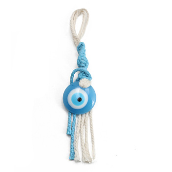Flat Round with Evil Eye Resin Pendant Decorations, Cotton Cord Braided Tassel Hanging Ornament, Light Sky Blue, 155mm
