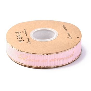 Polyester Grosgrain Ribbon, Edge Golden Hot Stamping, Word Pattern, for Crafts Gift Wrapping, DIY Bows Bouquet Decoration, Pearl Pink, 1 inch(25mm), about 25yards/roll(22.86m/roll)