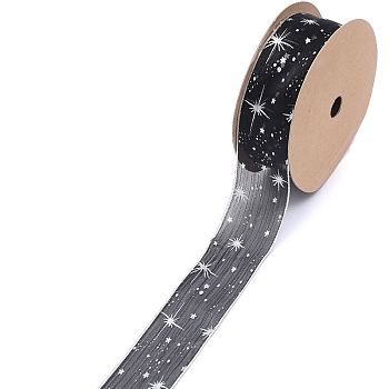 20 Yards Silver Stamping Star Organza Ribbons, Garment Accessories, Gift Packaging, Black, 1 inch(25mm), 20 Yards/Roll