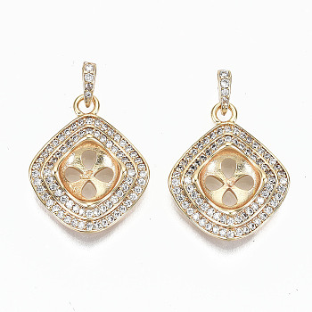 Brass Micro Pave Clear Cubic Zirconia Peg Bails Pendants, for Half Drilled Beads, with Snap on Bails, Nickel Free, Twist Rhombus, Real 18K Gold Plated, 20x16x4mm, Hole: 4.5x2mm, Pin: 0.7mm