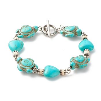 Heart & Tortoise Synthetic Turquoise(Dyed) Beaded Bracelet, Lucky Bracelet for Women, Platinum, Cyan, 7-5/8 inch(19.5cm)