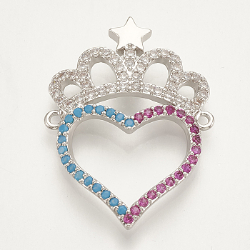 Brass Micro Pave Cubic Zirconia Links, Crown with Heart, Colorful, Platinum, 28x21x3mm, Hole: 1mm