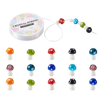 DIY Children Stretch Bracelets Making Kits, Including Mushroom Handmade Lampwork Beads and Elastic Crystal Thread, Mixed Color, 16x12mm, Hole: 2mm, 80pcs/set, Thread: 1.0mm, about 10m/roll, 1roll/set