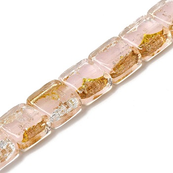 Handmade Gold Sand and Silver Sand Lampwork Beads, Square, Pink, 14~14.5x14x6~6.5mm, Hole: 1.6~1.8mm