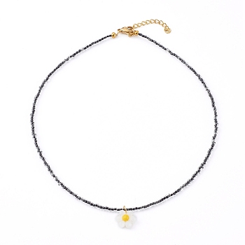 Glass Seed Beads Pendant Necklaces, with 304 Stainless Steel Lobster Claw Clasps, Flower, Golden, Black, 14.80 inch(37.6cm)