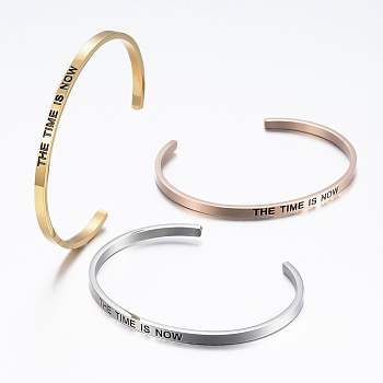 304 Stainless Steel Inspirational Cuff Bangles, with Enamel & Word Word The Time Is Now, Mixed Color, 2-1/2 inchx2 inch(62x52mm)