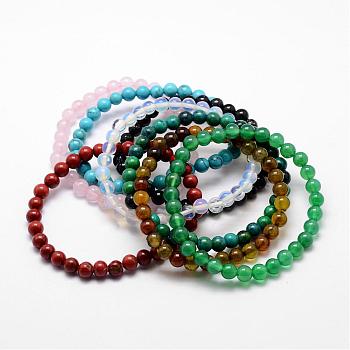 Natural & Synthetic Mixed Stone Beaded Stretch Bracelets, Round, 52mm, Bead: 6mm in diameter