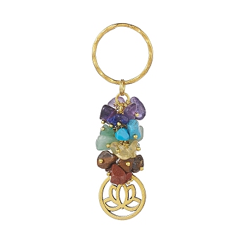Chakra Natural Gemstone Chip Pendant Keychain, with Iron Findings and Alloy Pendants, Flat Round, Lotus Pattern, 8.05cm, Pendant: 24x19.5x1.5mm