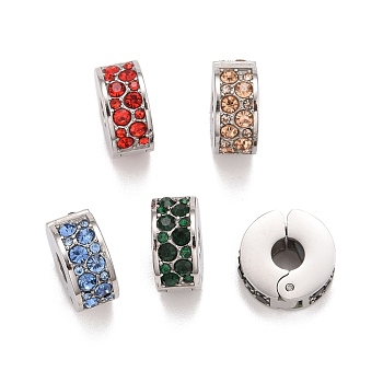 304 Stainless Steel European Clasps, with Rhinestone, Large Hole Beads, Stainless Steel Color, Flat Round, Mixed Color, 10.5x11x5mm, Hole: 3.5mm