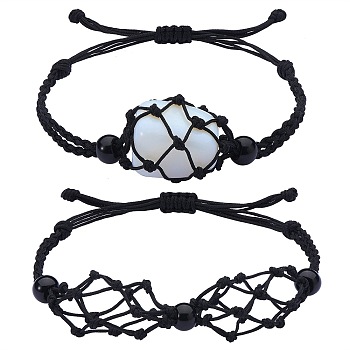 Adjustable Braided Nylon Cord Macrame Pouch Bracelet Making, with Glass Beads, Black, Inner Diameter: 1-7/8~3-1/4 inch(4.7~8.4cm), 2 styles, 1pc/style, 2pcs/set