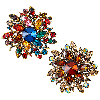 2Pcs 2 Colors Rhinestone Flower Brooch Pin, Antique Golden Alloy Badge for Women, Mixed Color, 68x12mm, 1pc/color