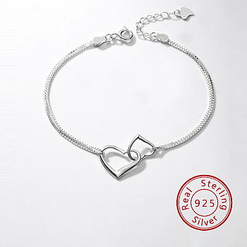 925 Sterling Silver Double Link Chian Bracelets, Heart Bracelets for Women, Silver, 6-1/4 inch(16cm)
