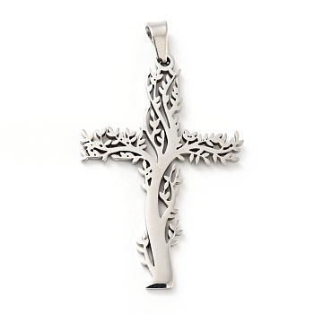 201 Stainless Steel Pendants, Cross with Tree, Stainless Steel Color, 47x31.5x2mm, Hole: 6.5x4mm