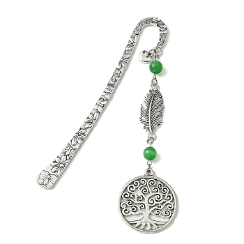 Tree of Life Feather Tibetan Style Alloy Pendant Bookmark with Cat Eye, Tibetan Style Hook Bookmarks, Green, 123x20mm
