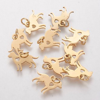 304 Stainless Steel Puppy Pendants, Silhouette Charms, Dog with Heart, Golden, 11x15x1mm, Hole: 3mm