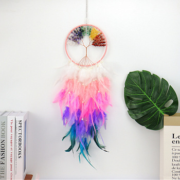 Wire Wrapped Natural Mixed Stone Chip Tree of Life Hanging Decoration, for Home Decoration, Woven Net/Web with Feather, 600x160mm