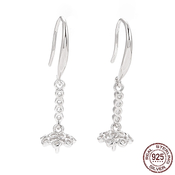 Rhodium Plated 925 Sterling Silver Earring Hooks, with Clear Cubic Zirconia, for Half Drilled Beads, Platinum, 29mm, 21 Gauge, Pin: 0.7mm and 0.8mm, Tray: 6.5x8mm