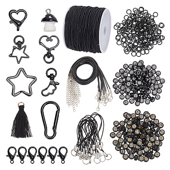 DIY Keychain Necklace Making Kit, Including Aluminum Rock Climbing Carabiners, Zinc Alloy Swivel Lobster Claw Clasps, Waxed Cord Necklace Making, Resin Pendants, Iron Tag Chain, Black, 488Pcs/set
