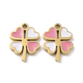 Ion Plating(IP) 316L Surgical Stainless Steel Charms, with Enamel, Real 18K Gold Plated, Clover Charm, Pink, 10.5x8x1.5mm, Hole: 1.2mm