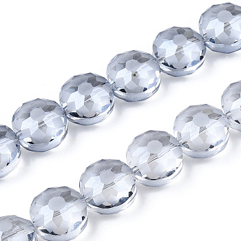 Electroplate Glass Beads Strands, Frosted, Rainbow Plated, Faceted, Flat Round, Light Steel Blue, 14x8~10mm, Hole: 1.5mm, about 50pcs/strand, 26.77 inch