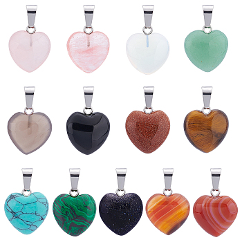 26Pcs 13 Style Natural & Synthetic Gemstone Pendants, with Platinum Tone Brass Snap on Bails, Heart, 17x15x5mm, Hole: 2mm, 2pcs/style