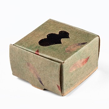 Rectangle Foldable Creative Kraft Paper Gift Box, Jewelry Boxes, with Heart Clear Window, Feather Pattern, 4.3x4.3x2.7cm