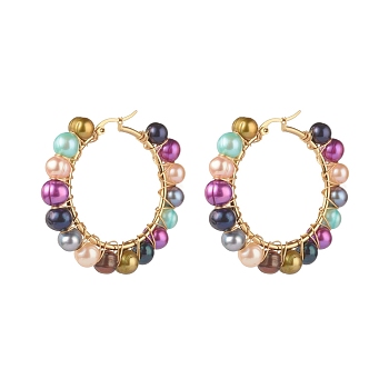 Natural Pearl Beads Hoop Earrings with 304 Stainless Steel Pin, Ring, Colorful, 50x51x5.5mm, Pin: 0.7mm