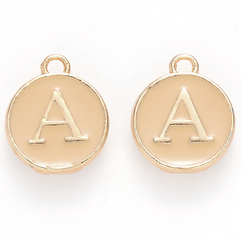 Golden Plated Alloy Enamel Charms, Cadmium Free & Lead Free, Enamelled Sequins, Flat Round with Letter, Wheat, Letter.A, 14x12x2mm, Hole: 1.5mm