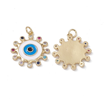 Brass Colorful Cubic Zirconia Pendants, with Jump Ring, Sun with Enamel Eye Charms, Real 18K Gold Plated, 25x23x2.5mm, Hole: 3mm