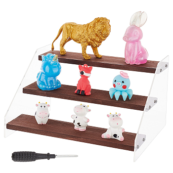 3-Tier Acrylic Model Toy Display Riser, Assembled Holder, with Iron Screws and Wood Pedestal, Sienna, Wood Pedestal: 20x5.3x0.8cm, Hole: 1.5mm, 22pcs/set