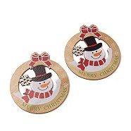 Christmas Theme Natural Wood Big Pendants, Flat Round with Snowman & Word Merry Christmas, Colorful, 95~97x84~85x3mm, Hole: 3mm(X-WOOD-B001-18)