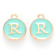 Golden Plated Alloy Enamel Charms, Cadmium Free & Lead Free, Enamelled Sequins, Flat Round with Letter, Turquoise, Letter.R, 14x12x2mm, Hole: 1.5mm(ENAM-S118-05R)