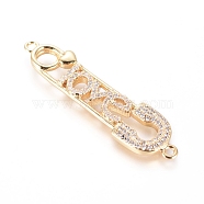 Brass Micro Pave Cubic Zirconia Links connectors, Safety Pin Shape with Word Love, For Valentine's Day, Clear, Golden, 41x10x3mm, Hole: 1.4mm(KK-I657-12G)