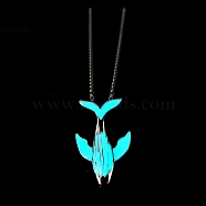 Luminous Glow in the Dark Alloy Whale Pendant Necklaces, with Stainless Steel Curb Chain, Cyan, 27.56 inch(70cm)(PW-WG69052-03)