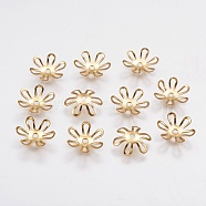 6-Petal Brass Bead Caps, Long-Lasting Plated, Flower, Real 18K Gold Plated, 10x2mm, Hole: 1mm(KK-F739-15G)