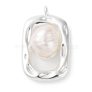 Natural Freshwater Pearl Potato Pendants, Brass Rectangle Charms, 925 Sterling Silver Plated, 19.5x12x6mm, Hole: 1.3mm(KK-G491-21S)
