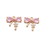 Brass Micro Pave Cubic Zirconia Pendants, with Glass Bowknot Charms, Pearl Pink, 12x12x4mm, Hole: 1.4mm(KK-B125-25G)