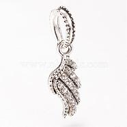 Alloy European Dangle Charms, with Rhinestones, Wing, Large Hole Pendants, Antique Silver, Crystal, 30~31mm, Hole: 5x8mm(MPDL-S052-05)