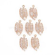 Rack Plating Brass Micro Pave Clear Cubic Zirconia Pendants, Long-Lasting Plated, Cadmium Free & Lead Free, Leaf, Light Gold, 21x10.5x4mm, Hole: 1.5mm(KK-T060-24-RS)
