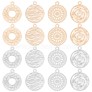 80Pcs 4 Style Long-Lasting Plated Brass Filigree Charms, Flat Round Charm, Platinum & Light Gold, 14x12x0.3mm, Hole: 1.2mm, 10pcs/metal(KK-UN0001-92)