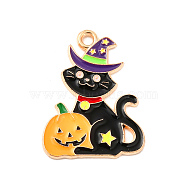Halloween Theme Alloy Enamel Pendants, Light Gold, Cat Pattern, 25x19x1.5mm, Hole: 1.8mm(X-ENAM-I053-A01)