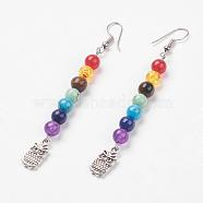 Gemstone Chakra Dangle Earrings, with Brass Earring Hooks and Alloy Pendants, Owl, 84mm, Pendant: 15x7x2mm, Pin: 0.6mm(EJEW-P136-C04)