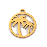 201 Stainless Steel Pendants, Laser Cut, Flat Round with Coconut Tree Charm, Golden, 17x15x1mm, Hole: 1.5mm(STAS-U016-07G)