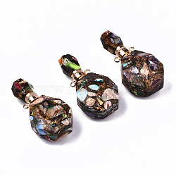 Assembled Synthetic Bronzite and Imperial Jasper Openable Perfume Bottle Pendants, with Light Gold Brass Findings, Dyed, Colorful, Capacity: 1ml(0.03 fl. oz), 39~40x19.5x13.5mm, Hole: 1.8mm(G-S366-060D)