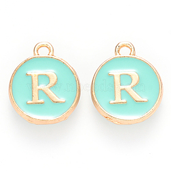 Golden Plated Alloy Enamel Charms, Cadmium Free & Lead Free, Enamelled Sequins, Flat Round with Letter, Turquoise, Letter.R, 14x12x2mm, Hole: 1.5mm(ENAM-S118-05R)