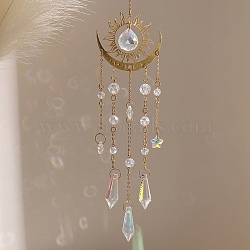 Metal Moon Hanging Ornaments, Cone Glass Tassel Suncatchers for Outdoor Garden Decorations, Sun, 450mm(PW-WG37918-01)