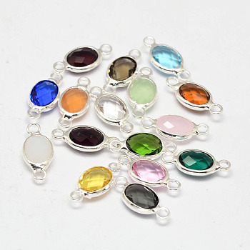 Oval Faceted Silver Color Plated Brass Glass Links connectors, Mixed Color, 15x6.5x3.2mm, Hole: 1mm